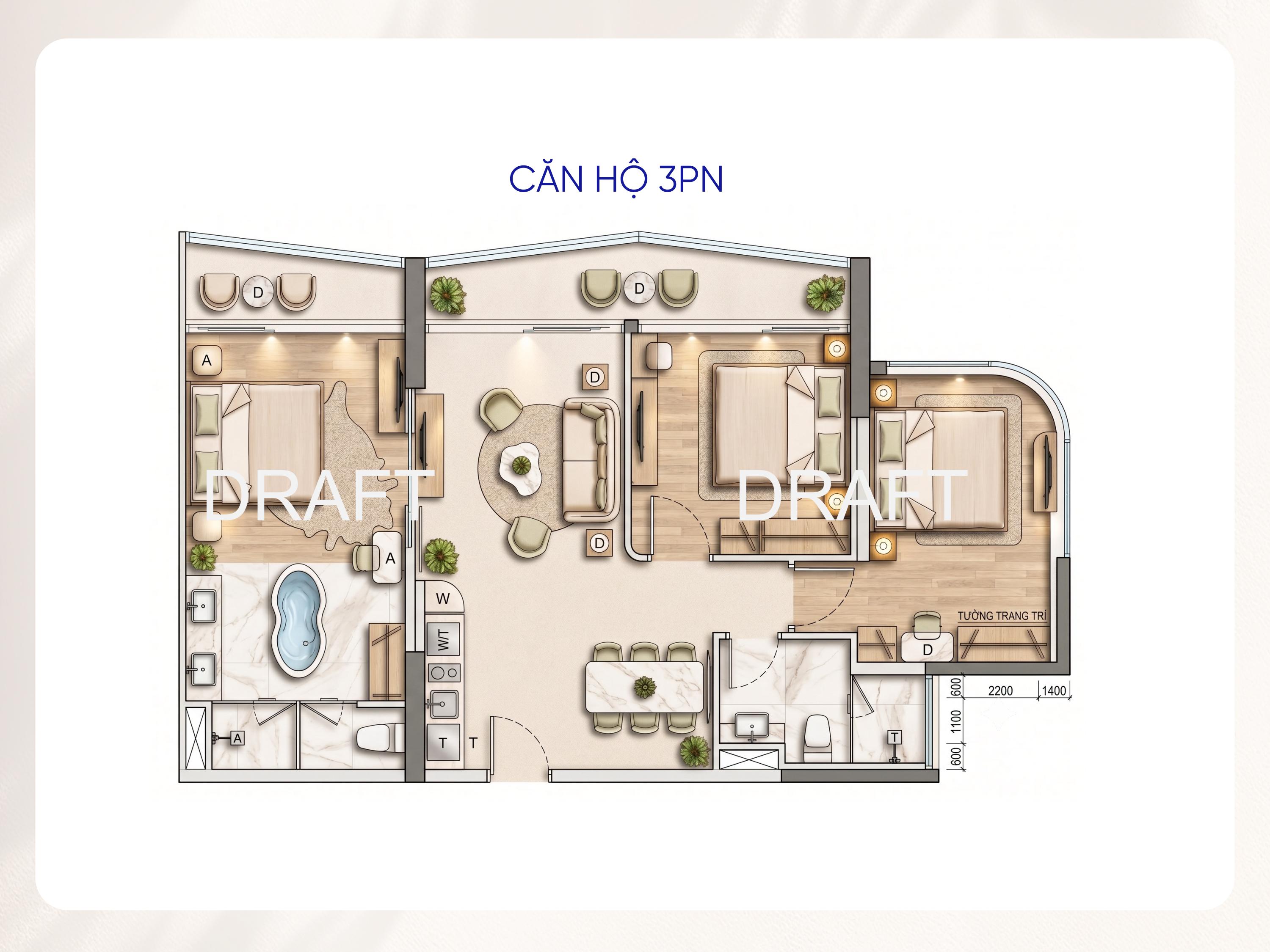 Layout căn hộ 3PN Alora Nha Trang